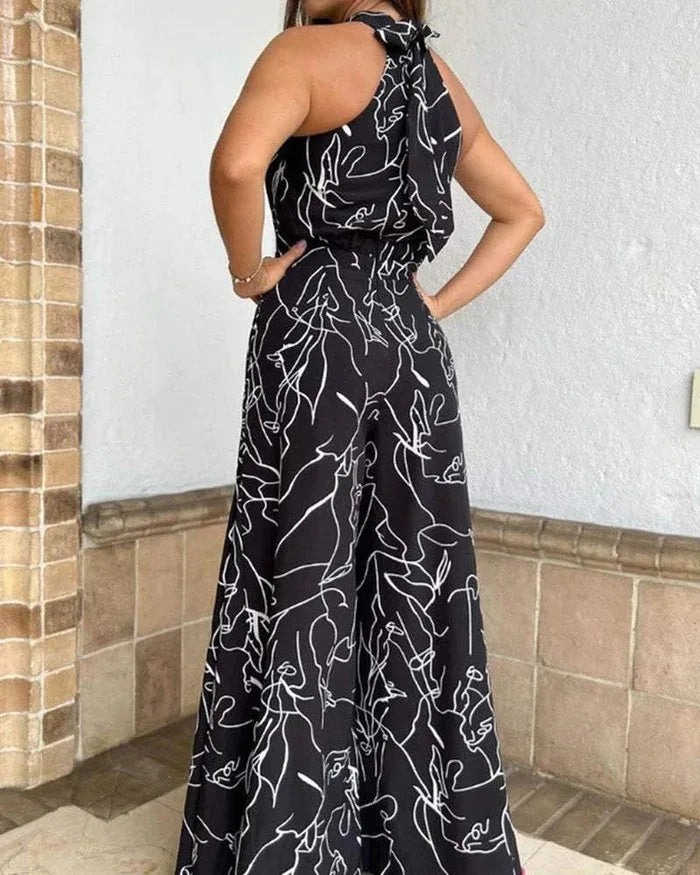 Summer women's geometric printed sleeveless pants with elegant temperament cinched waist tie up hanging neck style jumpsuit