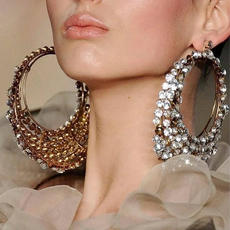 Extravagante große Creolen für Damen, voll Strass, modische runde Kristall-Hängeohrringe, Festival-Accessoires