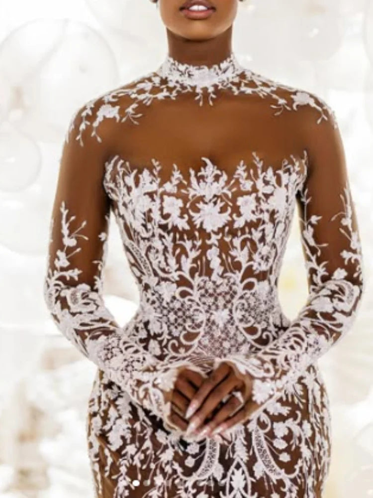 Sexy Mermaid Wedding Dresses High Neck See Through Lace Appliques Bridal Gowns Sweep Train Long Sleeve African Vestido de novia