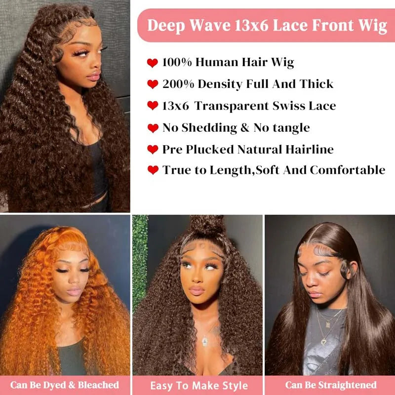 #4 Chocolate Brown Deep Water Wave 13x6 Lace Front Wigs Human Hair Brazilian Brown 13×4 Transparent Lace Frontal Wigs For Women