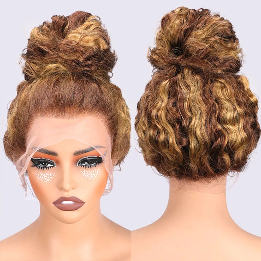 Water Wave 30 Inch Invisible Strap 360 Full Lace Front Wig Honey Blonde Highlight Deep Wave Frontal Wig Glueless Wig Human Hair