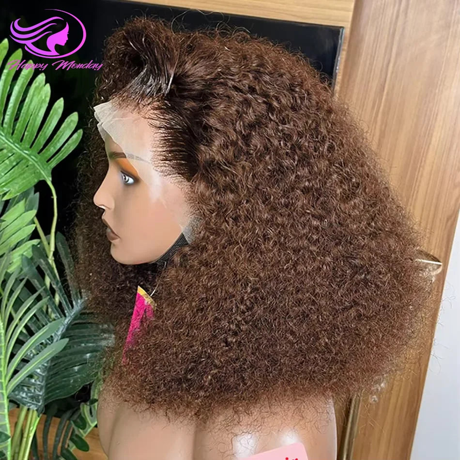 Brown Curly Lace Front Human Hair Wigs 200 Density 13x4 Full Frontal Brown Colored Deep Water Wave Wigs HD Lace Wigs