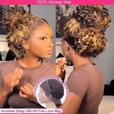 Water Wave 30 Inch Invisible Strap 360 Full Lace Front Wig Honey Blonde Highlight Deep Wave Frontal Wig Glueless Wig Human Hair
