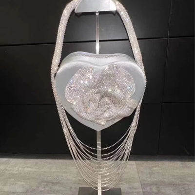 Luxury Glitter Floral Rhinestone Diamond Tassel Evening Bag Heart-Shaped Women's Handbag Wedding Party Clutch Purse Shoulder Bag