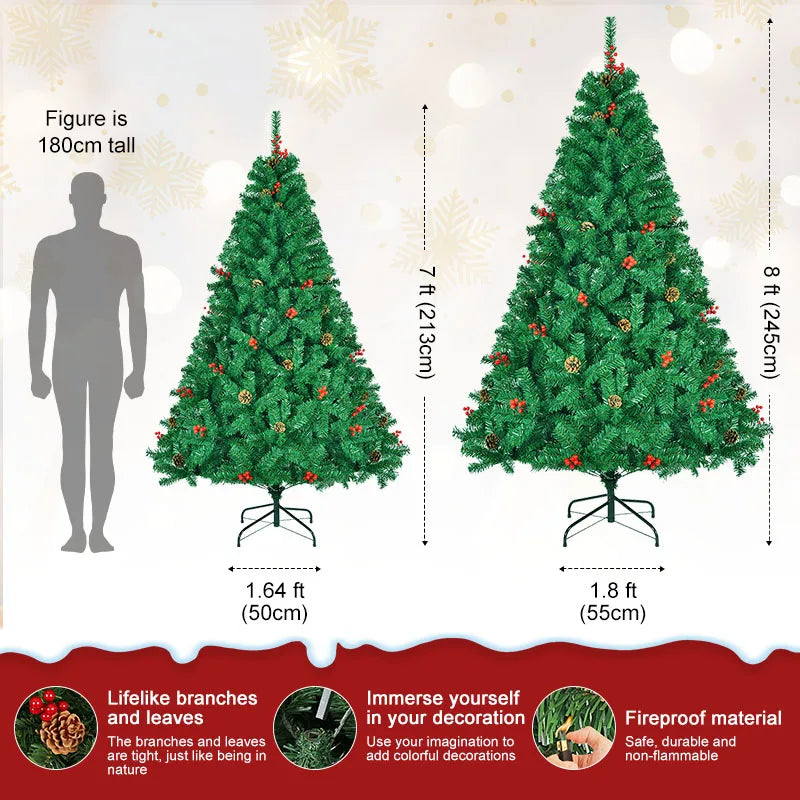 Classic Pine Tree 7FT/8FT Pre-Artificial Christmas Tree, with Metal Hinges 1000 PVC Branches Artificial Xmas Tree Home Decor