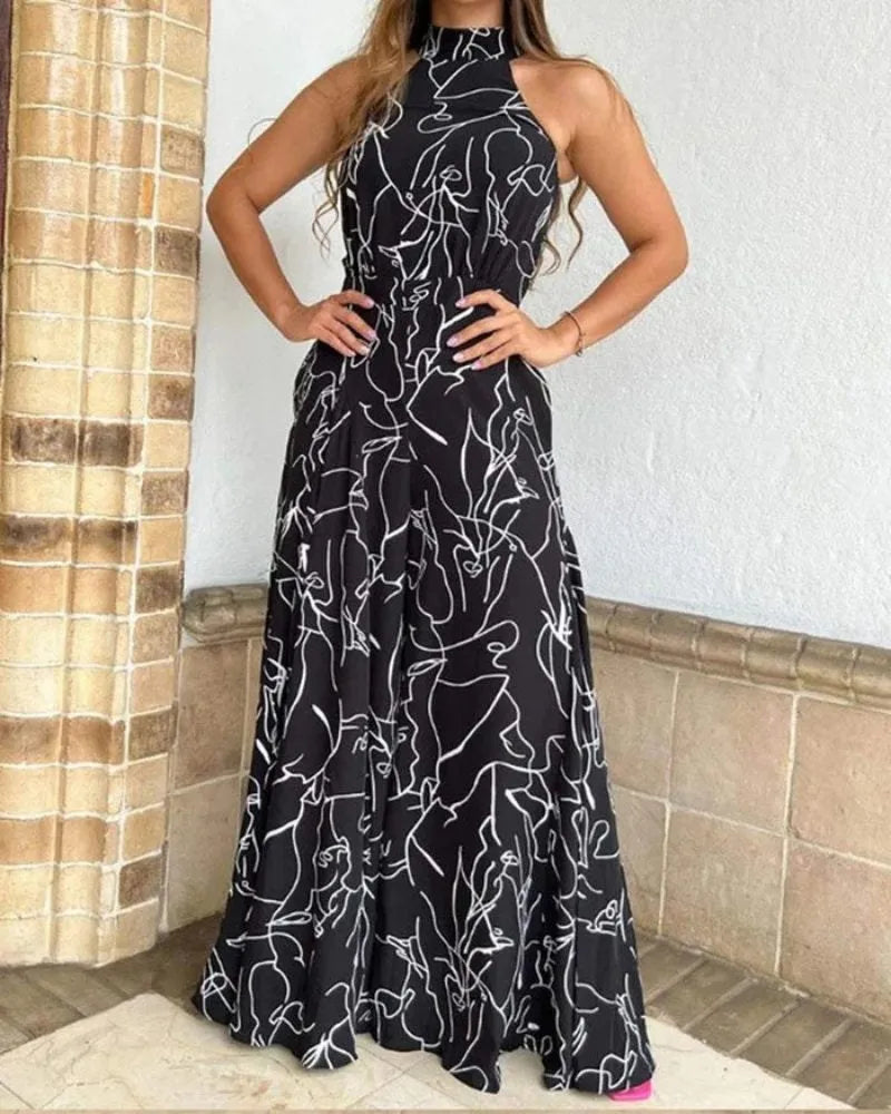 Summer women's geometric printed sleeveless pants with elegant temperament cinched waist tie up hanging neck style jumpsuit