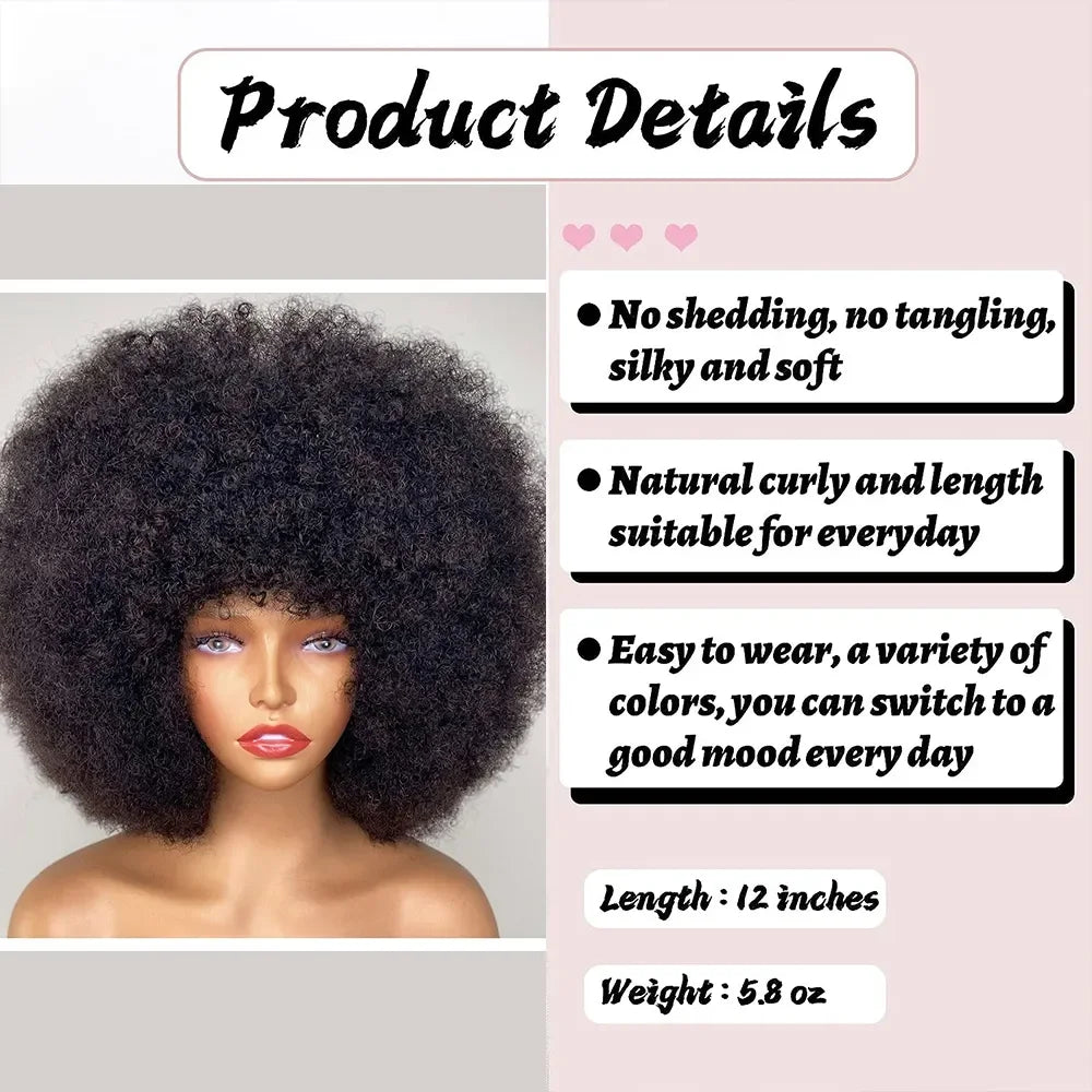 Short Afro Kinky Curly Human Hair Wig With Bangs Fluffy Natural Bob Wigs Brazilian Full Machine Made Wigs On Sale  180% Density