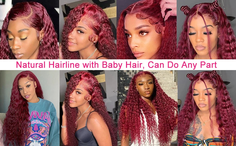 250 Density 30 Inch 13x4 99J Burgundy Deep Wave Lace Frontal Wig Curly Lace Front HD Lace Frontal Human Hair Wigs For Womem