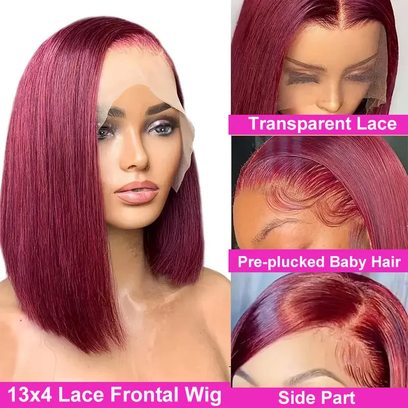99J HD Transparent Lace Short Bob Human Hair Wigs Brazilian Burgundy Straight 13x4 Lace Front Wig For Women Pre Plucked Hairline