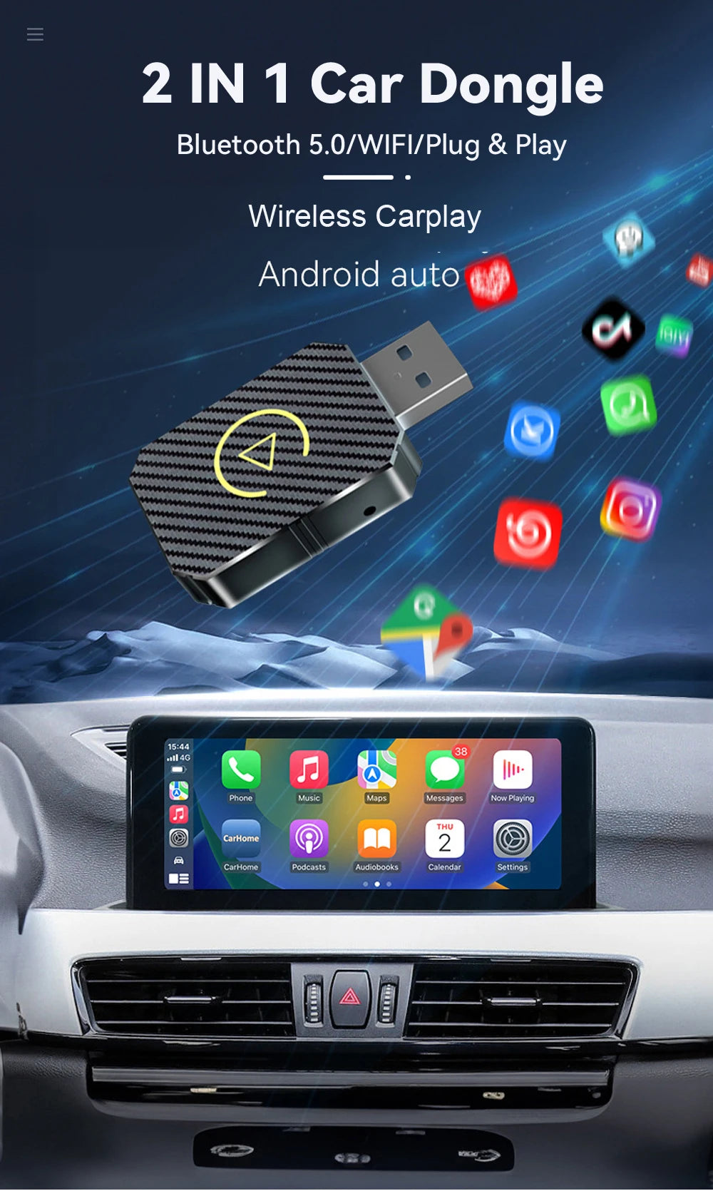 VR Robot Wireless Carplay Android Auto Dongle Mini Plug & Play 2 IN 1 Car Navigation Adapter WiFi BT Auto-connect
