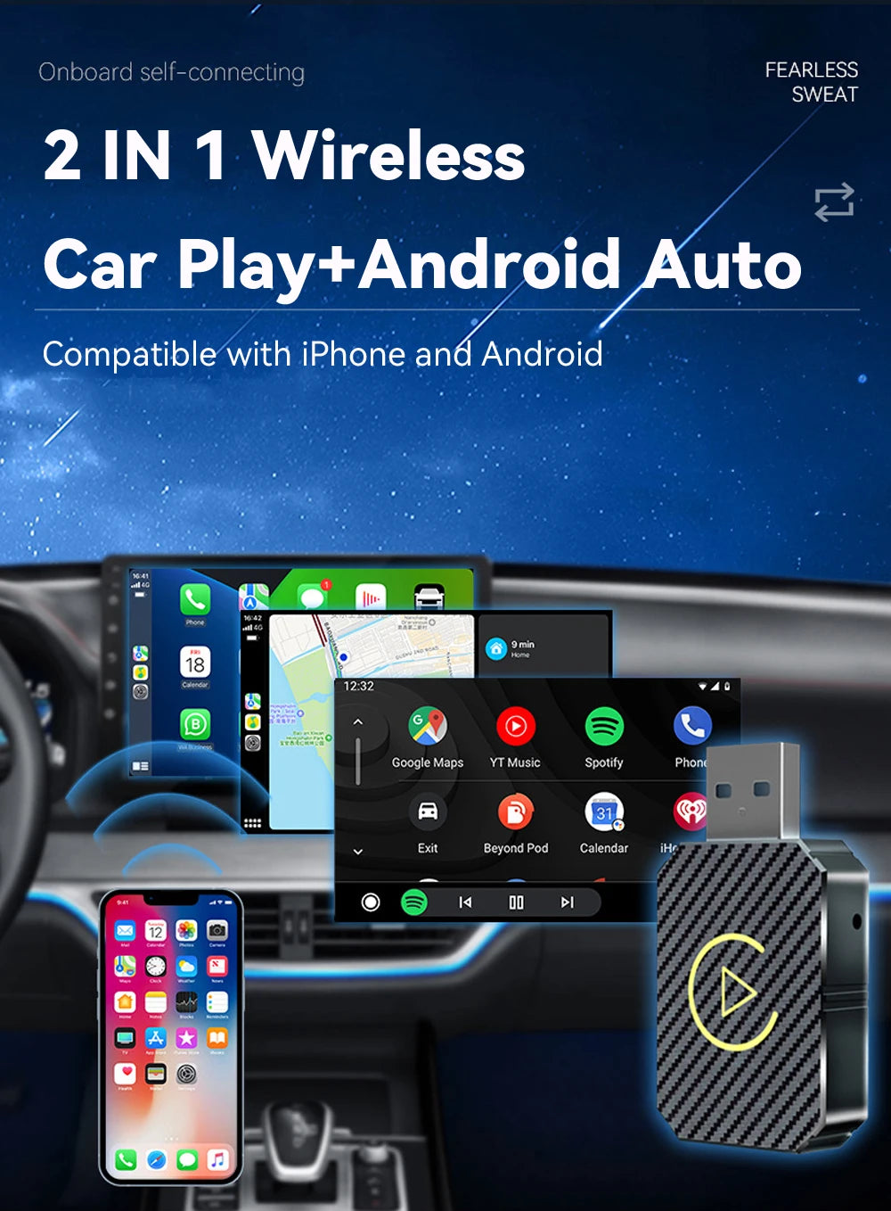 VR Robot Wireless Carplay Android Auto Dongle Mini Plug & Play 2 IN 1 Car Navigation Adapter WiFi BT Auto-connect