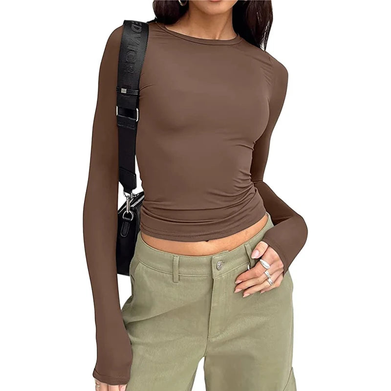 TUSHANGGE Women Long Sleeve T Shirt Spring Autumn Solid Casual Shirts Female Pullovers Tee Y2k Clothes Streetwear Crop Tops