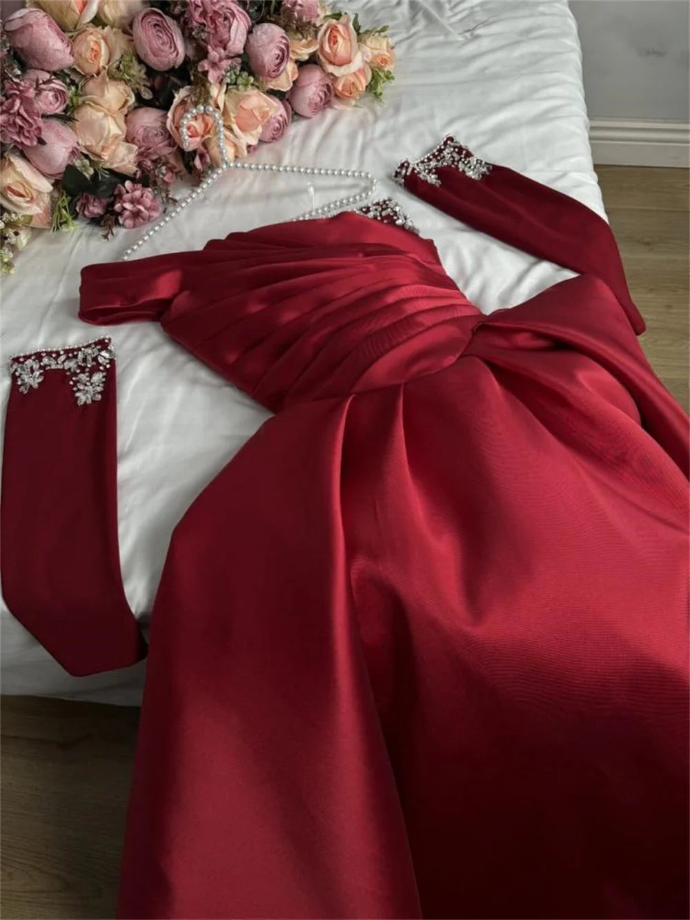 Bella Black Satin Beaded Robes De Soirée One Shoulder A-line Prom Dresses Customized Long Sleeves Floor-length Wedding Dress