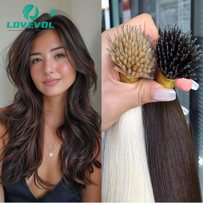 50Pcs Nano Ring Human Hair Extensions Straight Remy Micro Beads Ring Hair Extension 0.5g/0.8g/1g/Strand 12-26Inch Natural Color