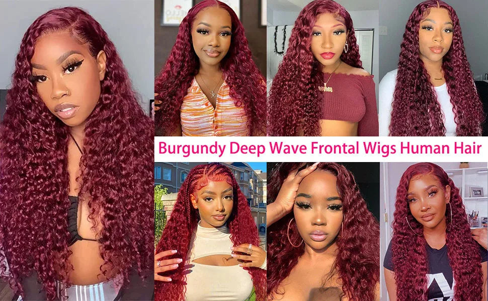 250 Density 30 Inch 13x4 99J Burgundy Deep Wave Lace Frontal Wig Curly Lace Front HD Lace Frontal Human Hair Wigs For Womem