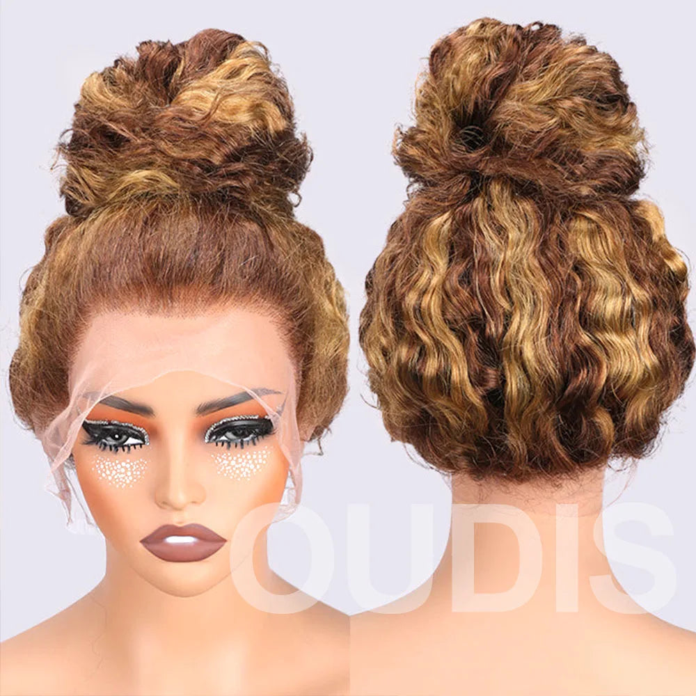 Water Wave 30 Inch Invisible Strap 360 Full Lace Front Wig Honey Blonde Highlight Deep Wave Frontal Wig Glueless Wig Human Hair