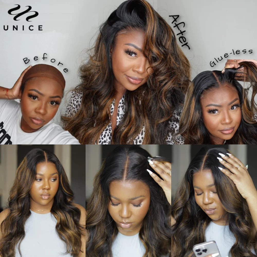 UNice Hair Bye Bye Knots 7x5 Lace Glueless Wig Brown Balayage Body Wave Human Hair Lace Front Wig Pre Cut Pre Bleached Lace Wig