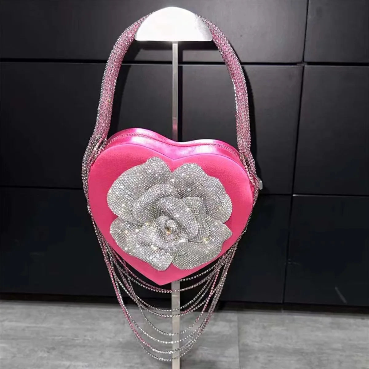 Luxury Glitter Floral Rhinestone Diamond Tassel Evening Bag Heart-Shaped Women's Handbag Wedding Party Clutch Purse Shoulder Bag