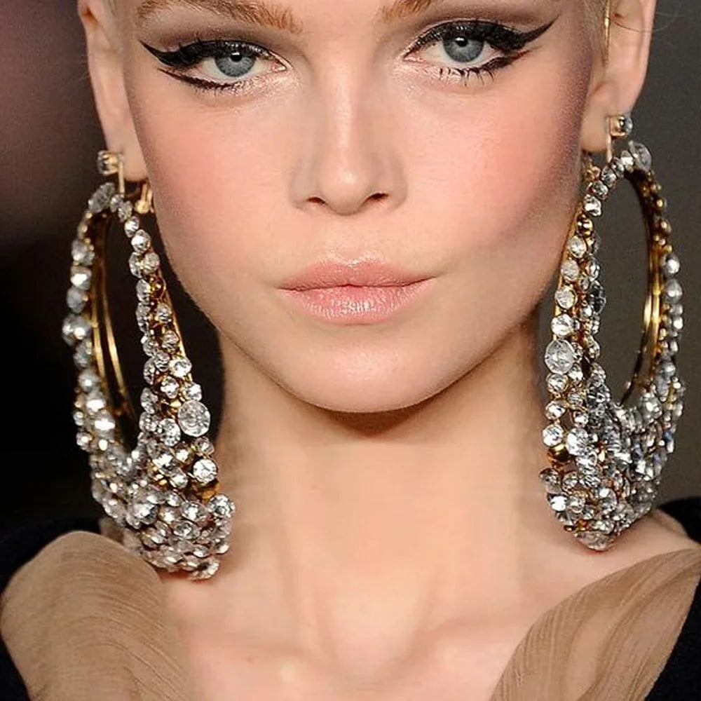Exaggerate Big Hoop Earrings for Women Full Rhinestone Fashion Round Crystal Hanging Earrings Festival Accessories