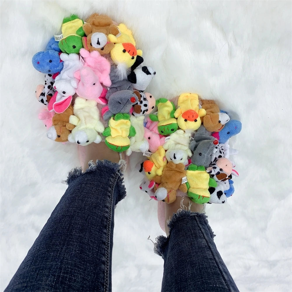 Home Slippers Women Cotton Slippers Furry Flip Flops House Shoes Cute Teddy Bear Slides Plush Pantuflas Women Cheap Slides