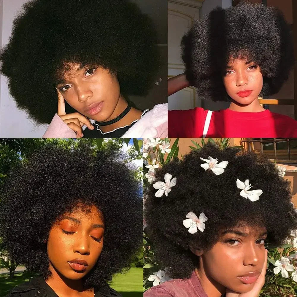 Short Afro Kinky Curly Human Hair Wig With Bangs Fluffy Natural Bob Wigs Brazilian Full Machine Made Wigs On Sale  180% Density