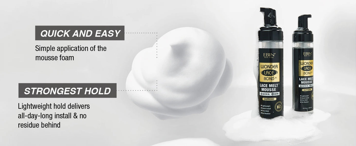 Ebin New York Wonder Lace Bond Lace Melt Mousse Supreme 8.5oz/ 250ml - Maximum Hold, Ideal for Seamless Lace Melts