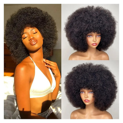 Short Afro Kinky Curly Human Hair Wig With Bangs Fluffy Natural Bob Wigs Brazilian Full Machine Made Wigs On Sale  180% Density