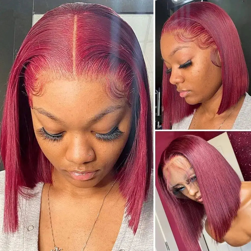 99J HD Transparent Lace Short Bob Human Hair Wigs Brazilian Burgundy Straight 13x4 Lace Front Wig For Women Pre Plucked Hairline