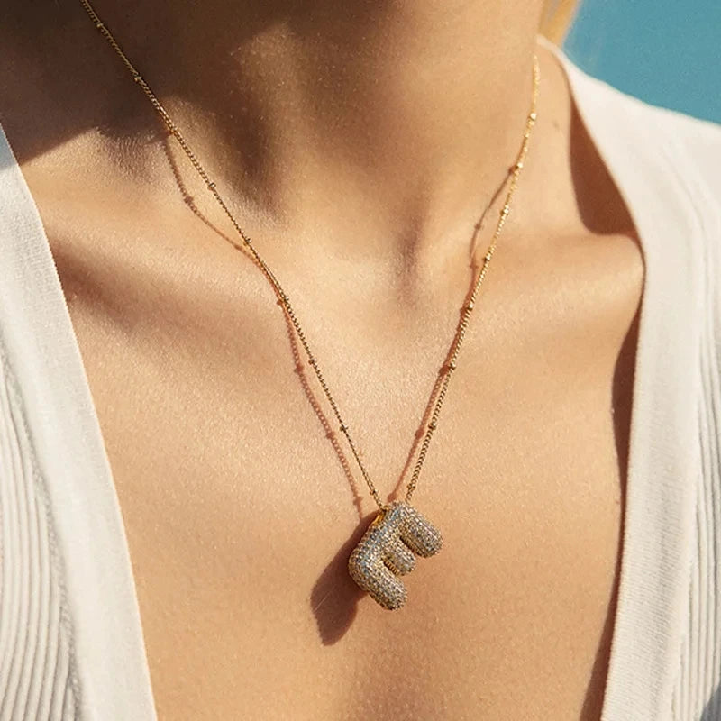 SUNSLL Cubic Zircon A-Z 26 Bubble Letter Necklace 2 Sizes Gold Plated M Chunky Balloon Initials Pendant Women Chain Jewelry 2024