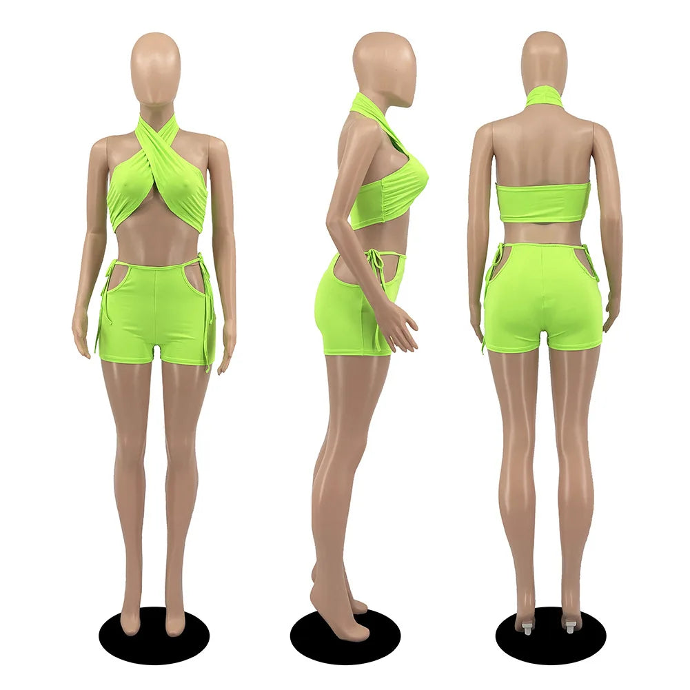 Two Piece Sets for Women Ruched Bandage Criss Cross Solid Women 2024 Spring Backless Club Crop Top and Shorts Matching Set