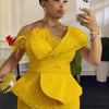3736# Latest Design Party Jumpsuit Women Off Shoulder High Waist Beaded Feather Decoration Wide Leg Jumpsuit for Ladies