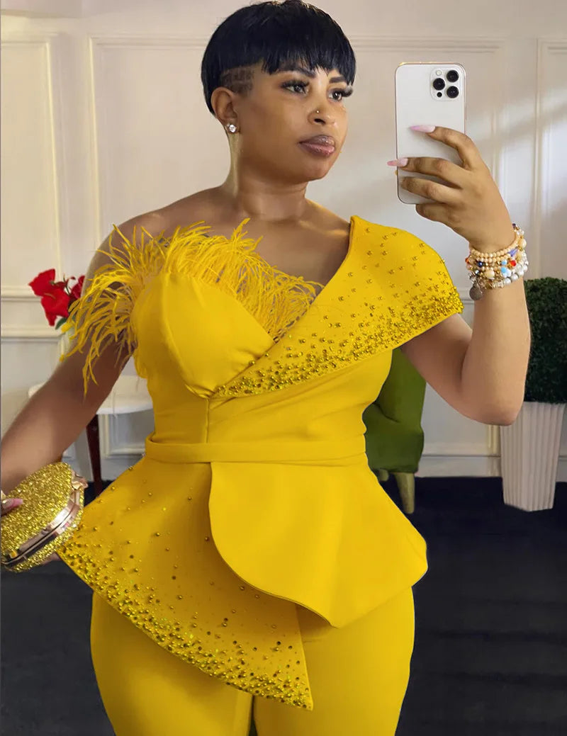 3736# Latest Design Party Jumpsuit Women Off Shoulder High Waist Beaded Feather Decoration Wide Leg Jumpsuit for Ladies