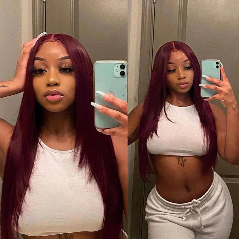 Burgundy Glueless Human Hair Wigs 13x4 Lace Front Wig Pre-Plucked Wear Go Straight Human Hair Lace Frontal Wigs for Black Women