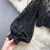 Autumn Black/White/Brown Sexy Lace Blouse Women Elegant V-Neck Puff Long Sleeve Open Back Short Tops Female Party Blusas 2021