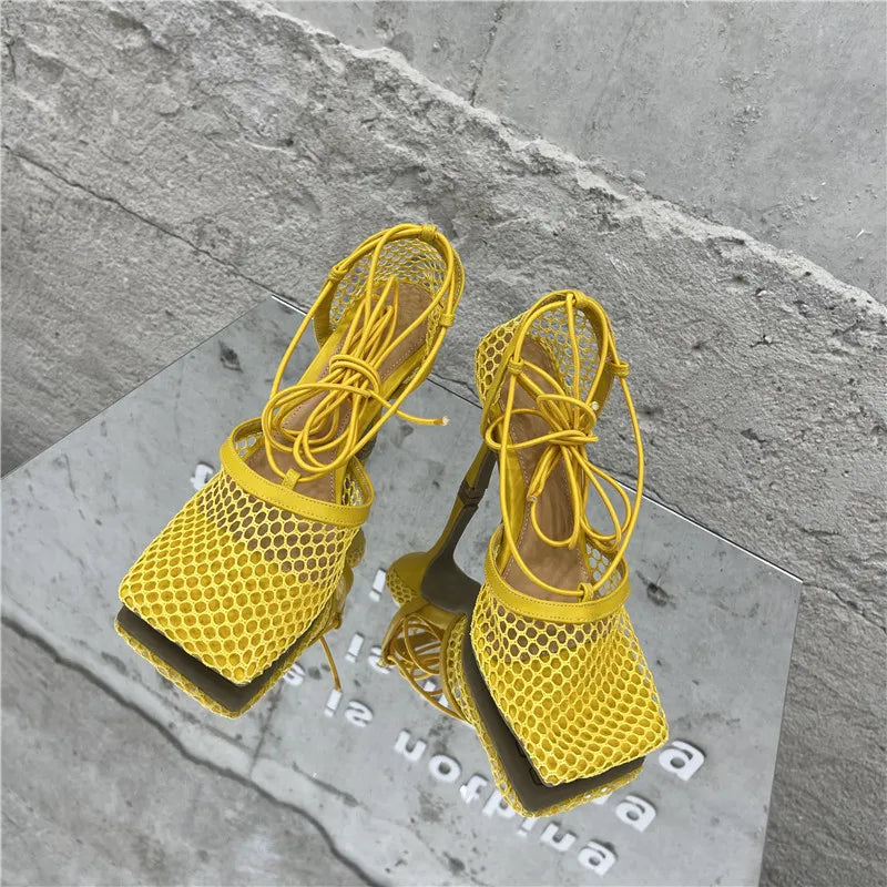 Eilyken Sexy Mesh Pumps Sandals Female Square Toe High Heel Lace Up Cross-Tied Stiletto Hollow Dress Shoes Zapatos Mujer