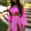 Puloru New Women Two-pieces Beach Suits Summer Solid Color Bikini Cover-ups Sets Off Shoulder Crop Tops+High Slit Maxi Skirts