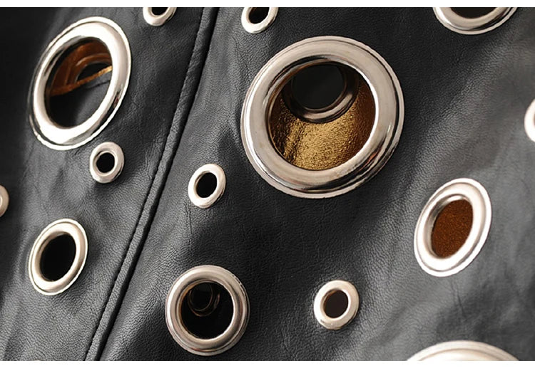 Lautaro Runway Cut Out Short Faux Leather Jacket Golden Rivet Cool Stylish Designer Clothes Women European American Fashion 2022