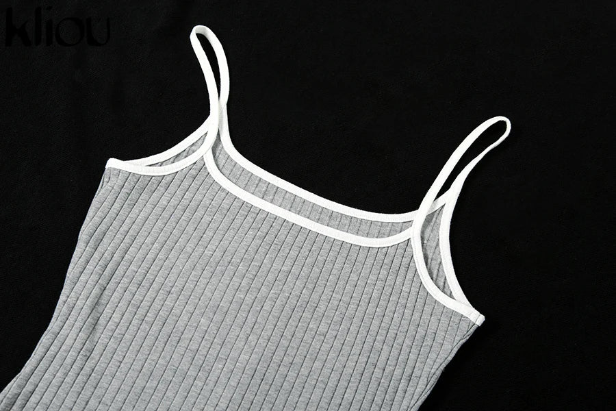 Kliou strap backless sexy bodycon midi long dress new women high waist cotton striped dresses elegant fashion party clothes