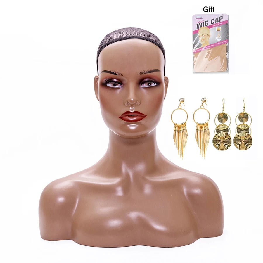 Female Mannequin Head With Shoulder Manikin Head Bust Wig Head Stand With Makeup For Wigs Display Necklace Free Earrings,Wig Cap