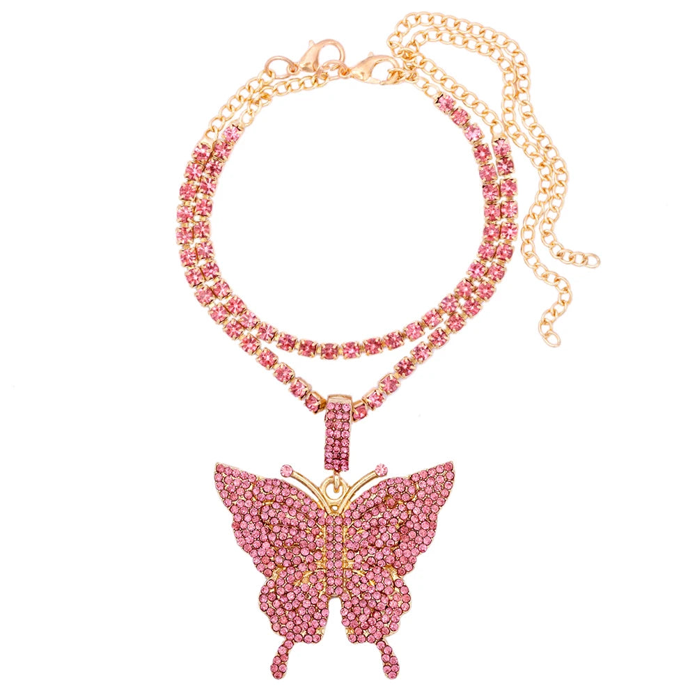 Iced Out Crystal Rhinestones Butterfly Pendants Anklet Chain For Women Multi-layer Big Rhinestones Tennis Chain Ankle Jewelry