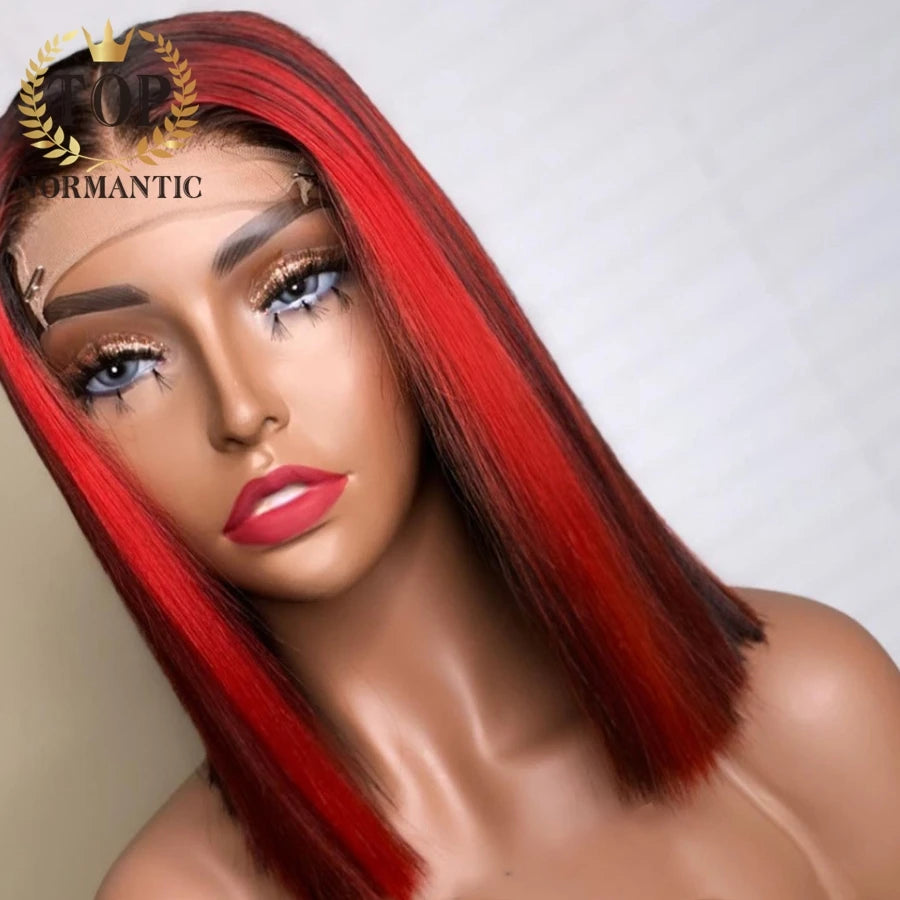 Topnormantic Highlight Red Color Straight Wigs For Women Brazilian Remy Human Hair 4x4 Lace Closure Straight Bob Wig Preplucked