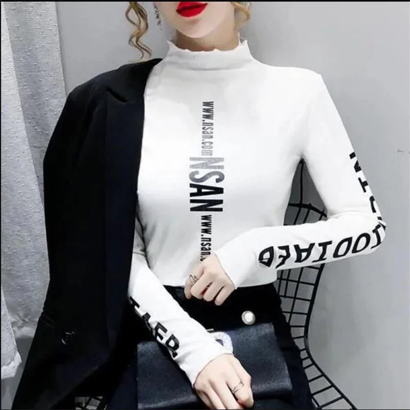 Mid-high-neck Bottoming T-shirt Elastic Inner Ride Femme Tee Tops autumn winter warm letter printing Streetwear Women's T-shirts