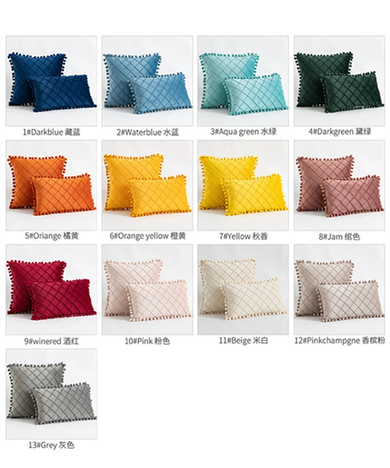 Inyahome Velvet Waist Throw Pillow with Pompom Solid Color Decorative Cushio Pillow Pink Grey Green Solid Velvet Home Pillowcase