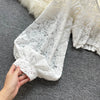 Autumn Black/White/Brown Sexy Lace Blouse Women Elegant V-Neck Puff Long Sleeve Open Back Short Tops Female Party Blusas 2021