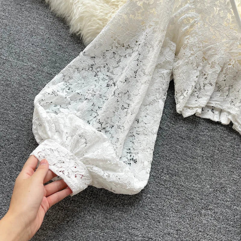 Autumn Black/White/Brown Sexy Lace Blouse Women Elegant V-Neck Puff Long Sleeve Open Back Short Tops Female Party Blusas 2021