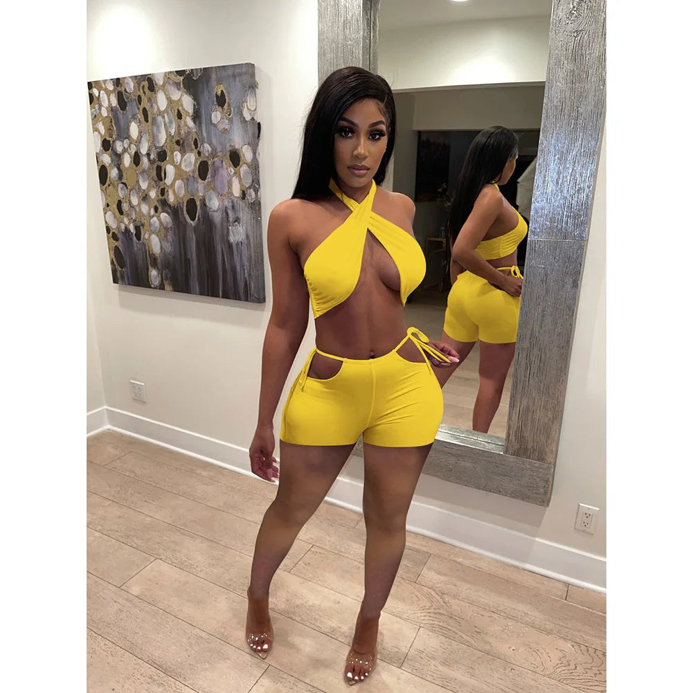 Two Piece Sets for Women Ruched Bandage Criss Cross Solid Women 2024 Spring Backless Club Crop Top and Shorts Matching Set