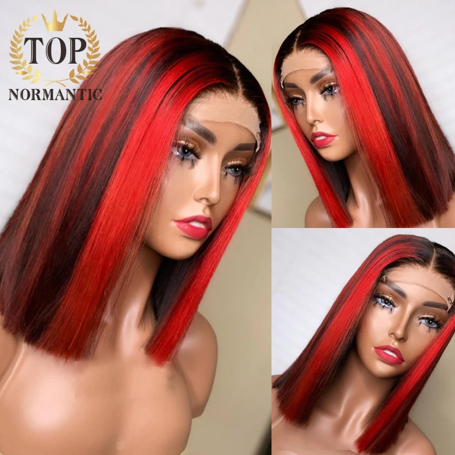 Topnormantic Highlight Red Color Straight Wigs For Women Brazilian Remy Human Hair 4x4 Lace Closure Straight Bob Wig Preplucked