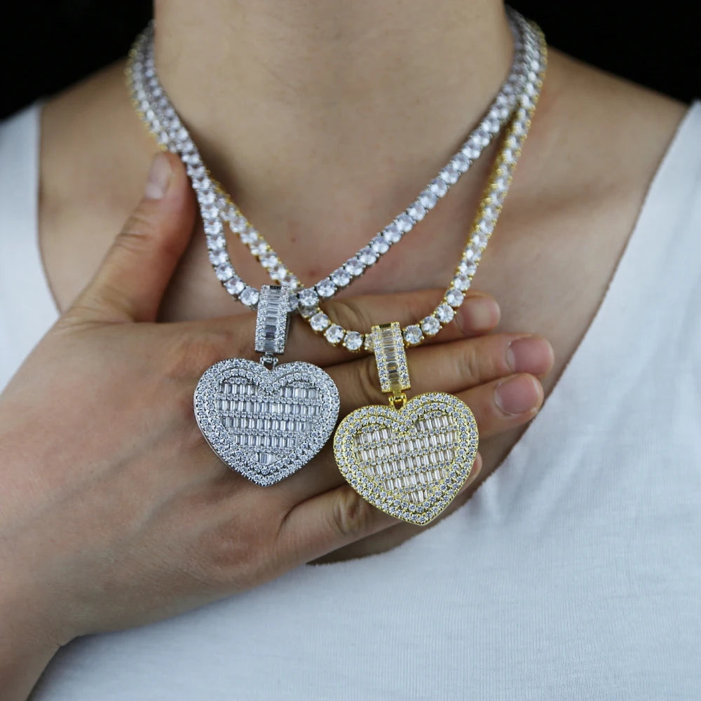 In Stock Iced Out Bling Women Jewelry 5A White Cubic Zirconia Heart Shaped Pendant Necklace With Tennis Box Chain