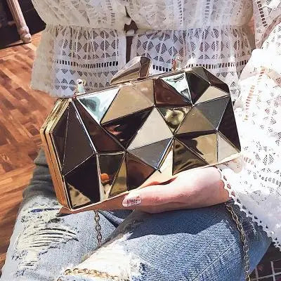 Women Handbags Metal High Quality Hexagon Clutches Fashion Geometric Mini Party Black Evening Purse Silver Bags Gold Box Clutch