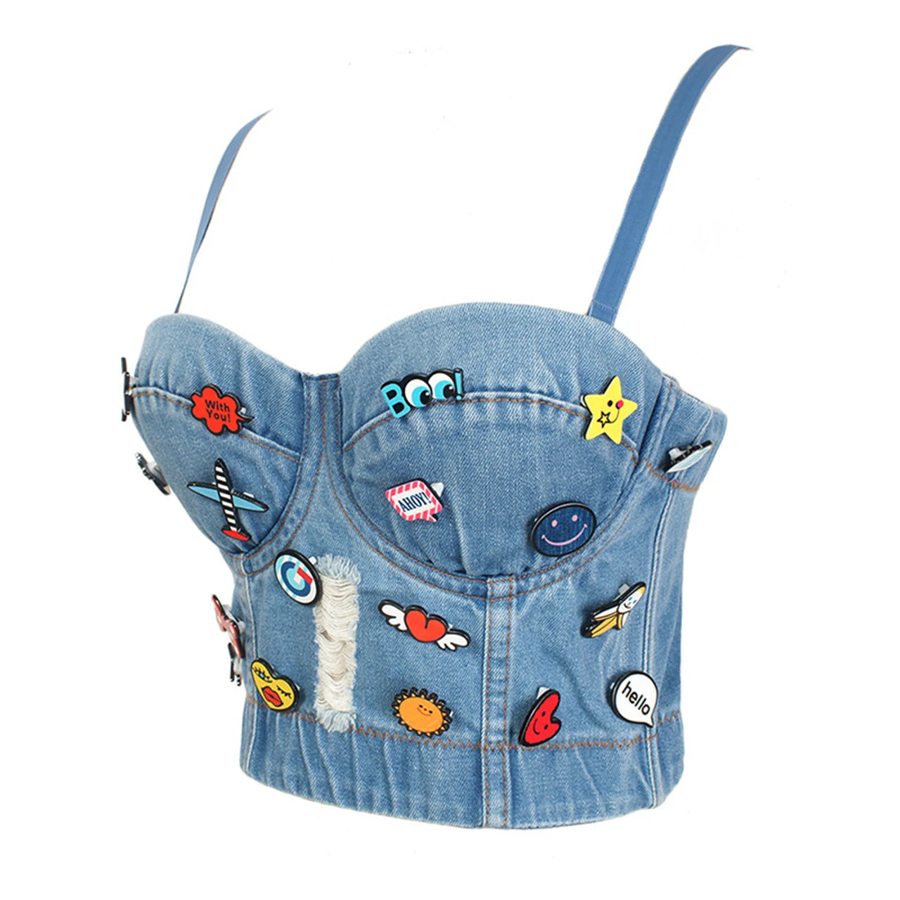 Irene Tinnie Sexy Cute Hole Cartoon Decoration Push Up Bustier Women's Denim Bralette Cropped Top Vest Plus Size